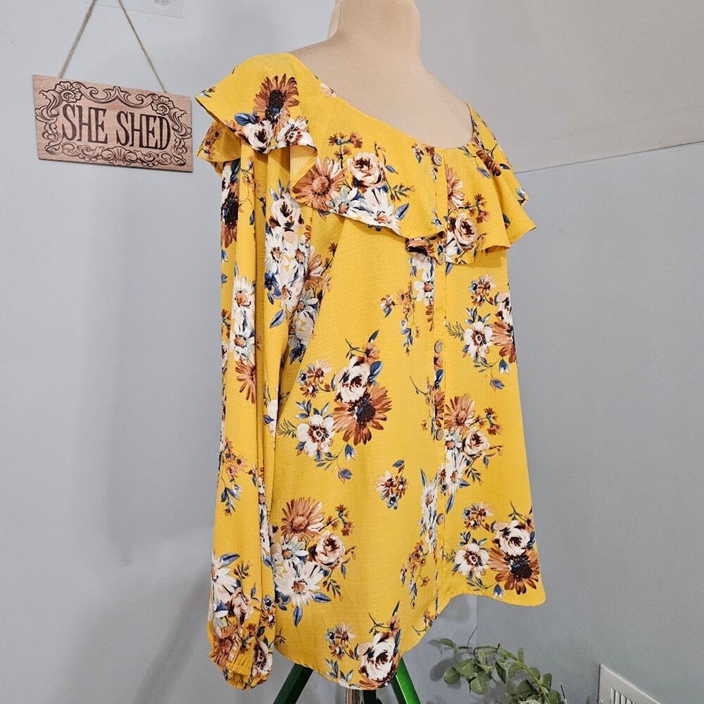 Oddi Floral Top Yellow‎ Ruffled Collar Long Sleeve Plus Size 3XL USA Bloomcore - Picture 3 of 14